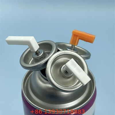 Uma válvula de aerossol medida de uma polegada de estanho para liberação contínua de fragrâncias em espaços comerciais